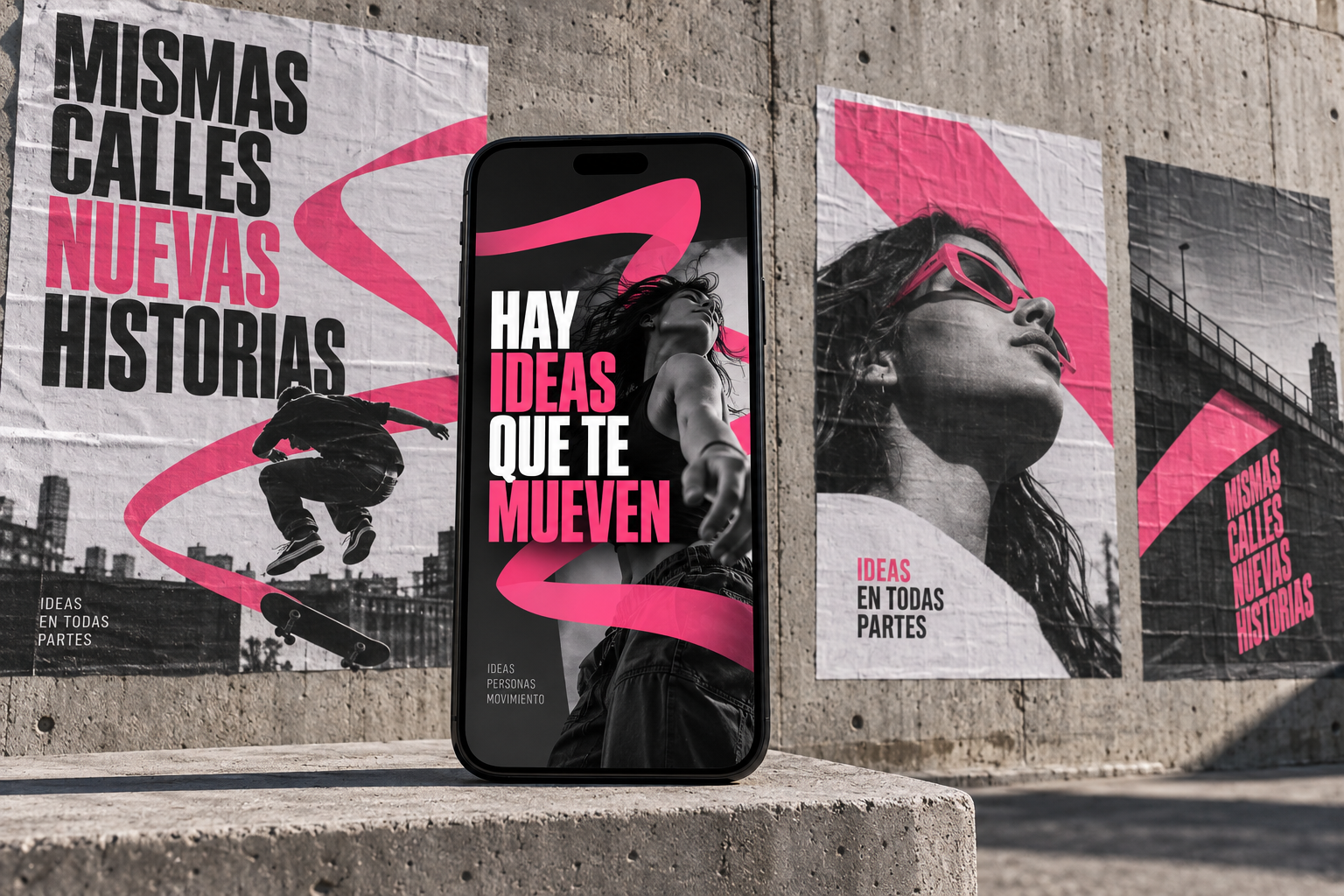 Concepto de campaña digital con teléfono y afiches urbanos